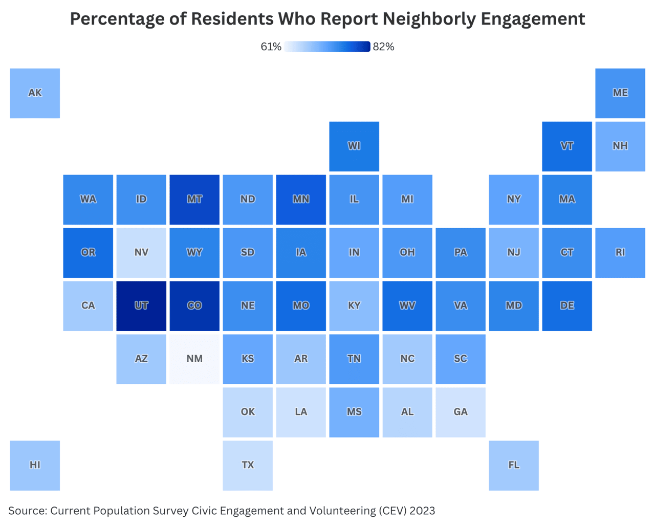 A data map revealing percentage of residents who report neighborly engagement.